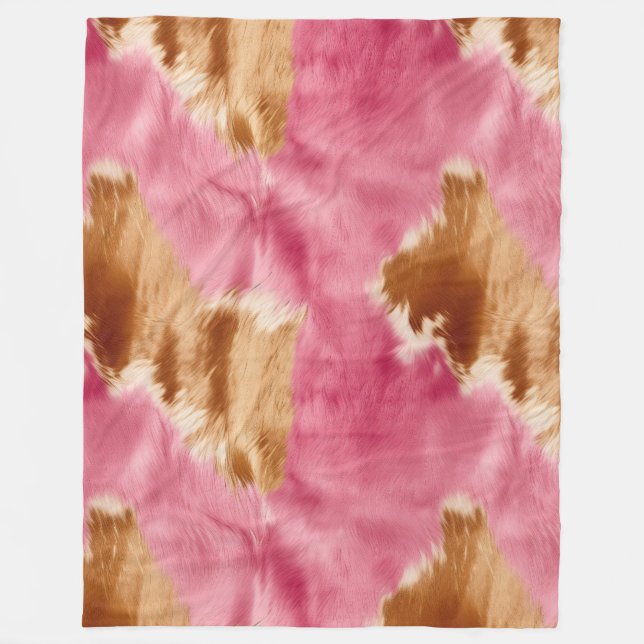 Western Pink Brown Cream Cowgirl Cowhide Fleece Blanket (Front)