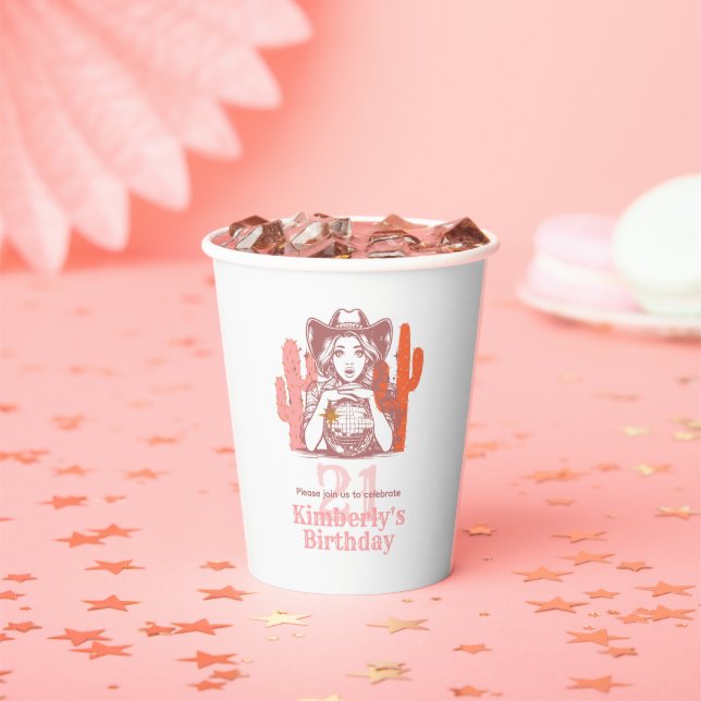 Western Pink Cowgirl Disco 21st Birthday Party Paper Cups (Insitu)