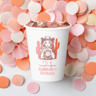 Western Pink Cowgirl Disco 21st Birthday Party Paper Cups