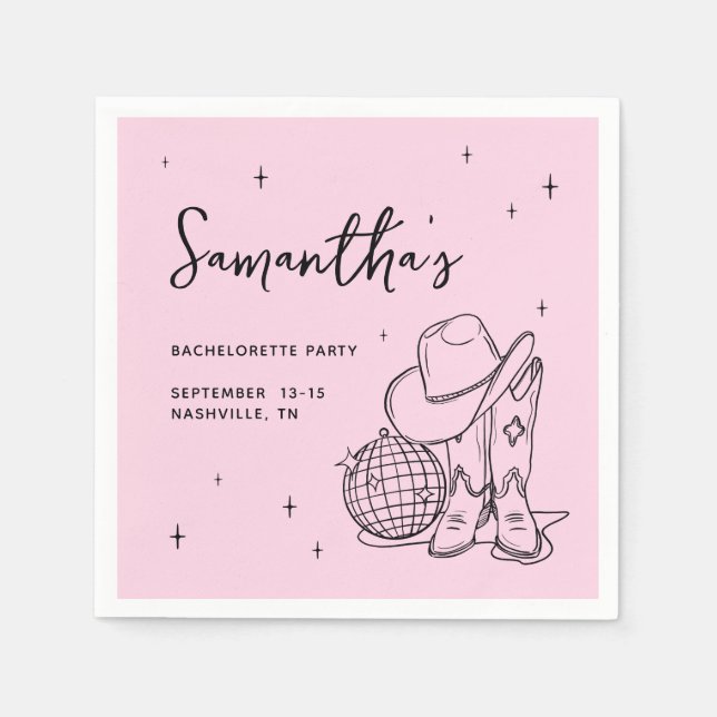 Western Pink Cowgirl Disco Ball Bachelorette Party Napkin (Front)
