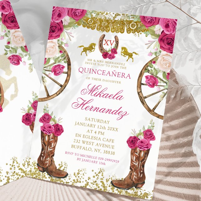 Western Pink Fuchsia Floral Boots Quinceañera Invitation (Creator Uploaded)