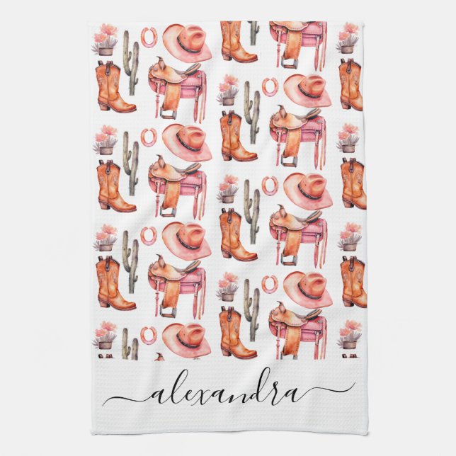 Western pink orange cowgirl script name tea towel (Vertical)