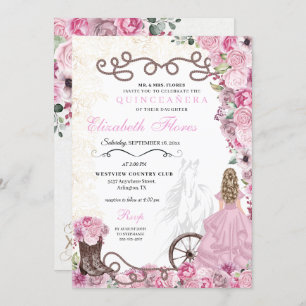 Western Pink Princess Floral Charra Quinceañera Invitation