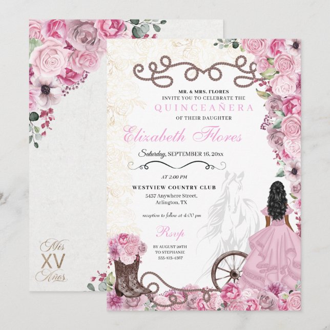 Western Pink Princess Floral Charra Quinceañera Invitation (Front/Back)
