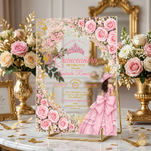 Western Pink Roses Golden Butterfly Quinceañera Acrylic Invitations