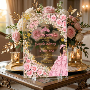 Western Pink Roses Golden Butterfly Quinceañera Acrylic Invitations