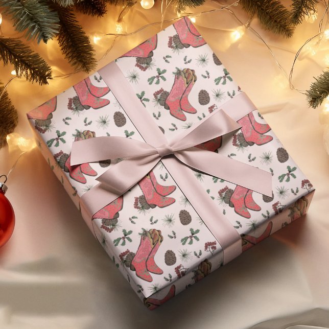 Western Pink Xmas Cowboy Boots, Pinecones Berries Wrapping Paper (Country Xmas Cowgirl Boots, Pinecones, Holly Berries & Pine. Hand-Drawn Illustrations in Black Ink. )