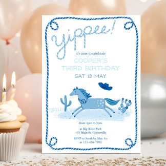 Western Pony Birthday Invitation Blue