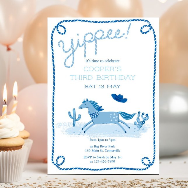 Western Pony Birthday Invitation Blue (Creator Uploaded)