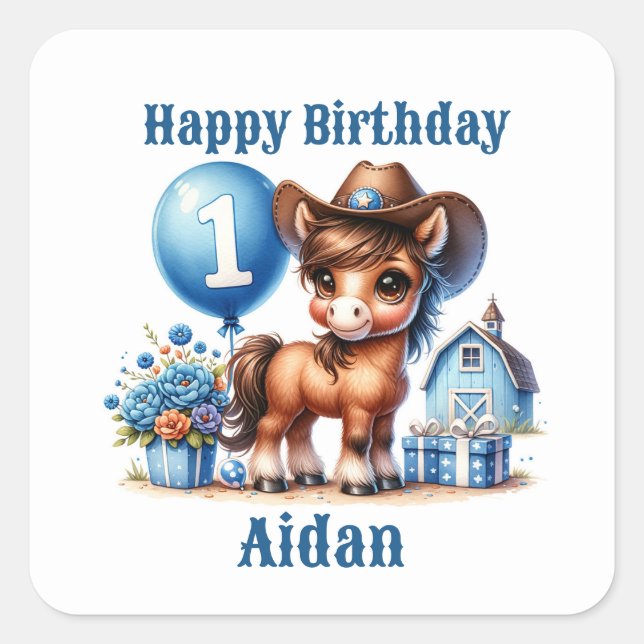 Western Pony First Birthday Square Sticker (Front)