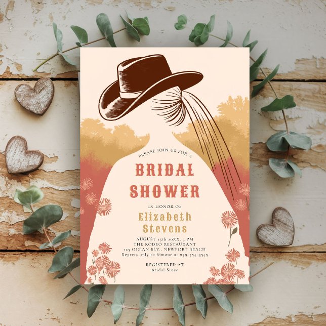 Western Prairie Wildflowers Rustic Bridal Shower Invitation (western bridal shower invitation prairie wildflowers cowgirl cowboy hat pink green modern)