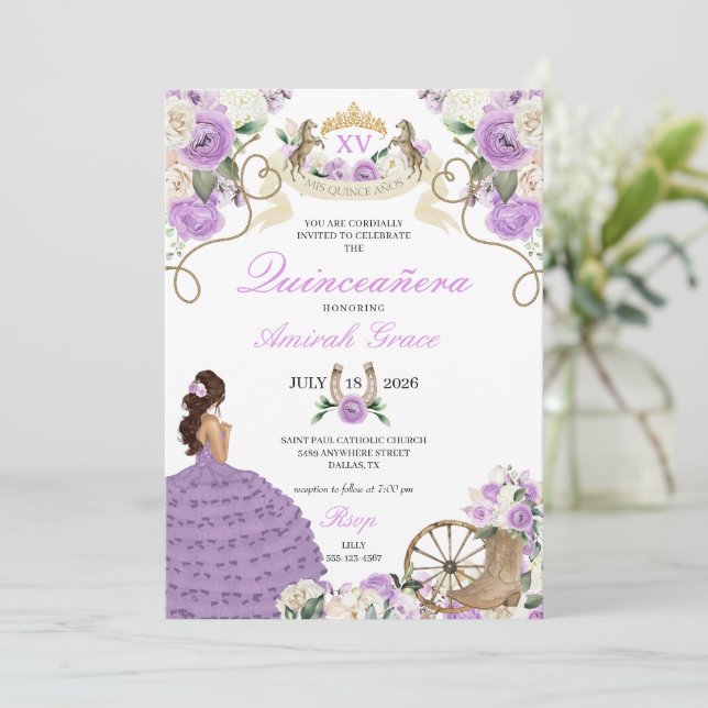 Western Pretty Purple Charro Cowgirl Quinceañera Invitation (Standing Front)