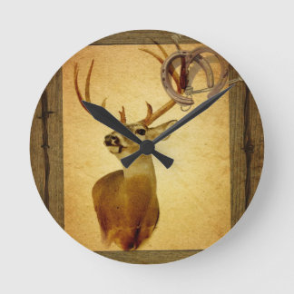 Western Primitive barn wood buck white tail deer Round Clock