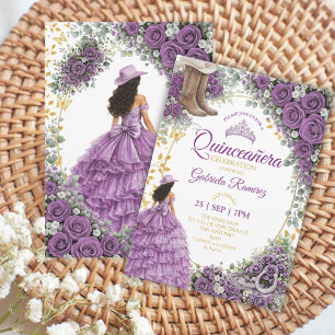 Western Purple Roses Golden Country Quinceañera Invitation