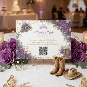 Western Purple Roses Golden Country Quinceañera RSVP Card