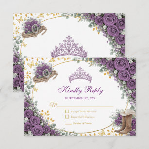 Western Purple Roses Golden Country Quinceañera RSVP Card