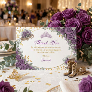 Western Purple Roses Golden Country Quinceañera Thank You Card
