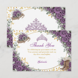 Western Purple Roses Golden Country Quinceañera Thank You Card