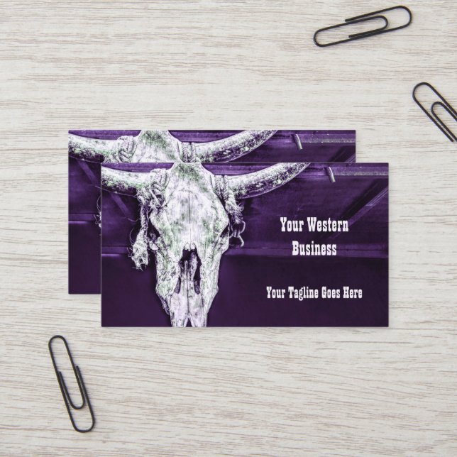 Western Purple White Rustic Bull Cow Skull Barn Business Card (Front/Back In Situ)