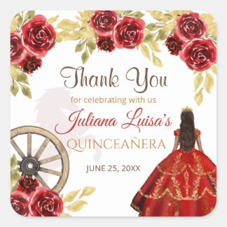 Western Quinceañera Floral Red Gold Charra Crown Square Sticker
