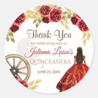 Western Quinceañera Red Gold Charra Crown Horses Classic Round Sticker