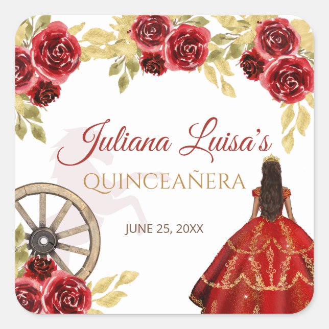 Western Quinceañera Red Gold Charra Crown Horses Square Sticker (Front)