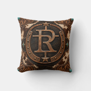 Western Ranch Brand R Cowhide Throw Pillow