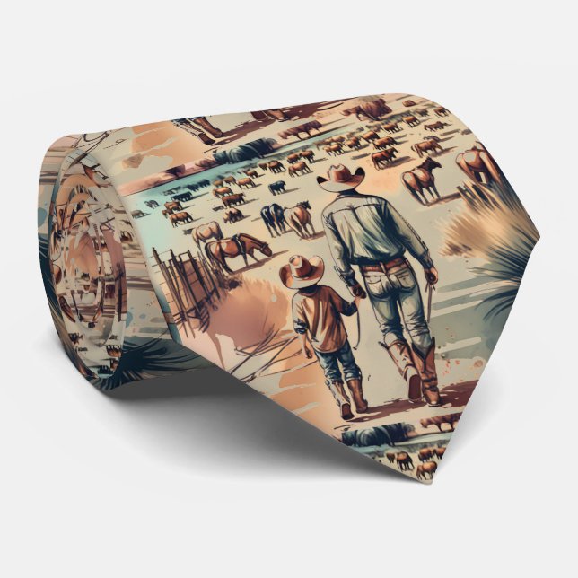 Western Ranch Cowboy and Son Checking the Herd Tie (Rolled)