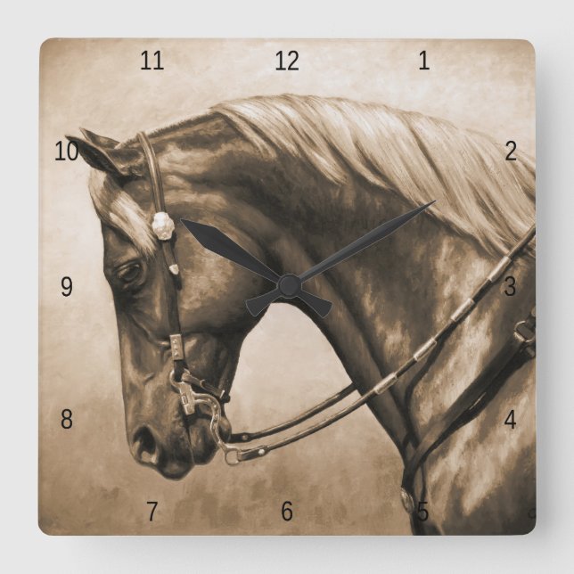 Western Ranch Horse Old Photo Sepia Square Wall Clock (Front)