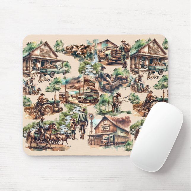 Western Ranch or Country Farm Scene Mouse Pad (With Mouse)