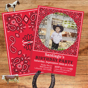 Western Red Bandanna Photo Birthday Invitation