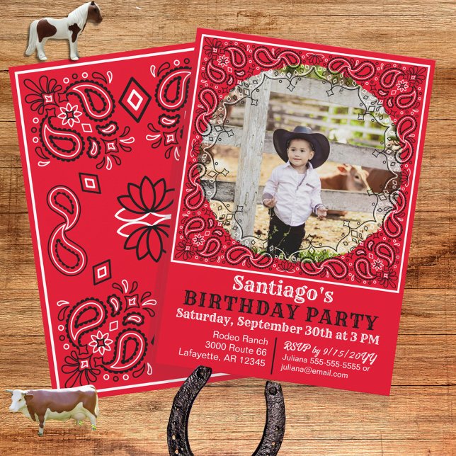 Western Red Bandanna Photo Birthday Invitation (A red bandana birthday invitation personalized with your cowboy or cowgirls photo.)