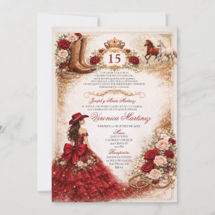 Western Red & Gold Charra Princess 15 Años Mexican Invitation