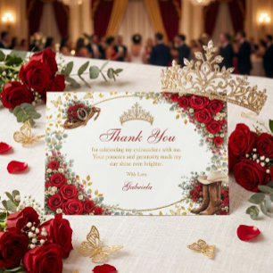 Western Red Roses Golden Country Quinceañera Thank You Card