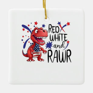 Western Red White Rawr Dinosaur  Ceramic Ornament