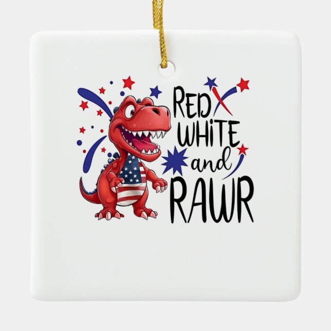 Western Red White Rawr Dinosaur  Ceramic Ornament (Front)