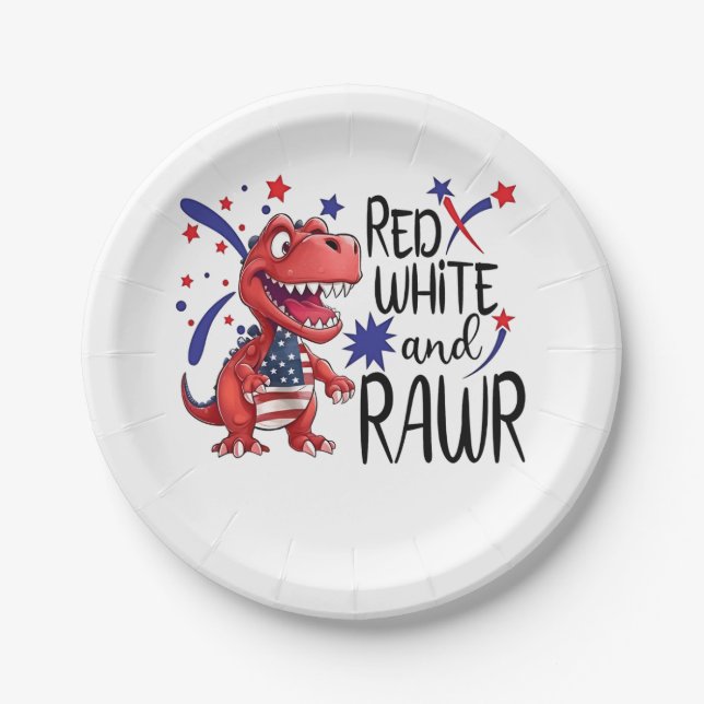 Western Red White Rawr Dinosaur  Paper Plate (Front)