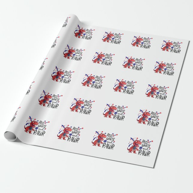 Western Red White Rawr Dinosaur  Wrapping Paper (Unrolled)