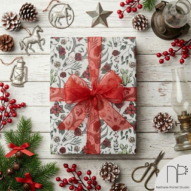 Western Reindeer Skull Holiday Wrapping Paper (Hand drawn western reindeer skull and rose pattern wrapping paper for country christmas weddings)