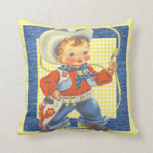 Western Retro Little Cowboy With Rope Pillow