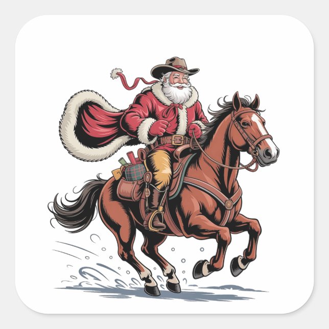 Western Riding Rodeo Horse Cowboy Santa Christmas Square Sticker (Front)