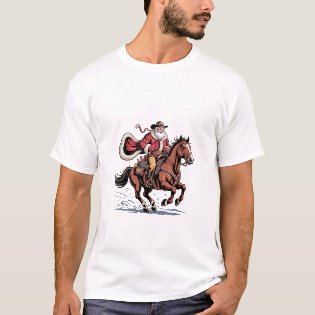Western Riding Rodeo Horse Cowboy Santa Christmas T-Shirt (Front)