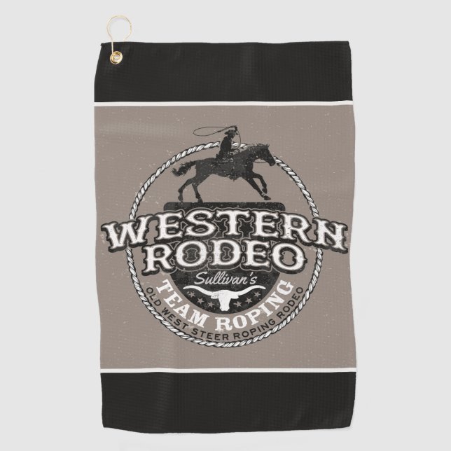 Western Rodeo ADD NAME Old West Steer Roping Roper Golf Towel (Front)