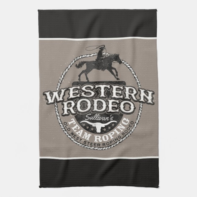 Western Rodeo ADD NAME Old West Steer Roping Roper Tea Towel (Vertical)