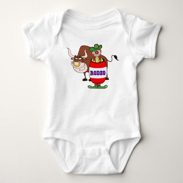Western Rodeo Clown In Barrel And Bull Cartoon Baby Bodysuit (Front)