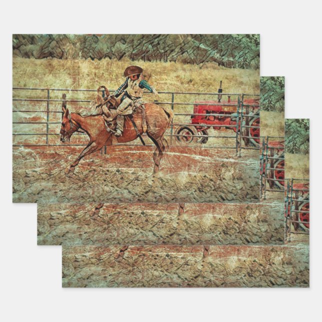 Western Rodeo Country Horse Riding Texture Wrapping Paper Sheet (Set)