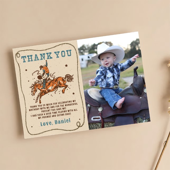 Western Rodeo Cowboy Birthday Photo Thank You Card (Creator Uploaded)