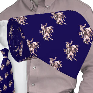 Western Rodeo Cowboy Bronc Rider Bronze on Blue Tie