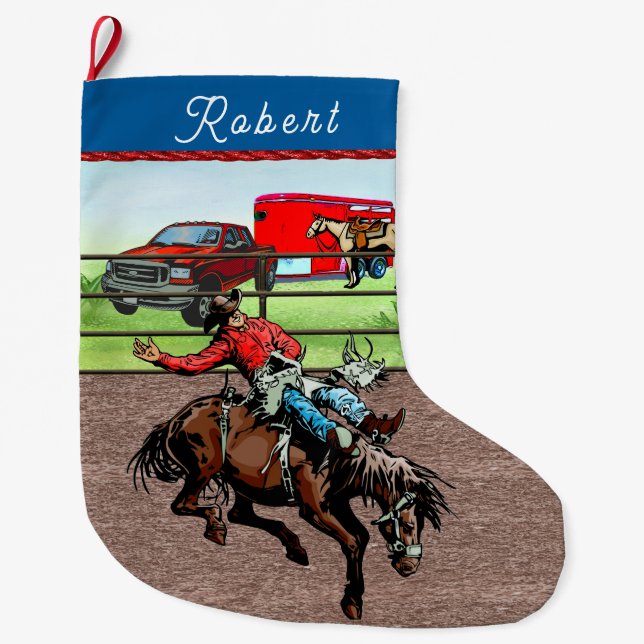 Western Rodeo Cowboy Bronc Riding  Large Christmas Stocking (Front)