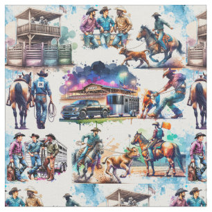 Western Rodeo Cowboy Calf Roping Fabric